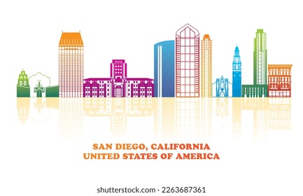 Panorama del Skyline colorido de San Diego, California, Estados Unidos - ilustración vectorial