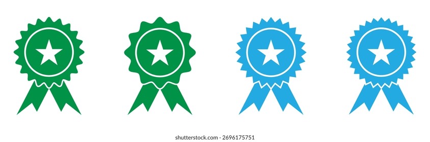 Icono de insignia de verificación a todo color. Iconos planos verificados aislados de la insignia fijados en el fondo blanco. Conjuntos de insignia de verificación premium de color verde y azul en la página blanca. EPS 10.  