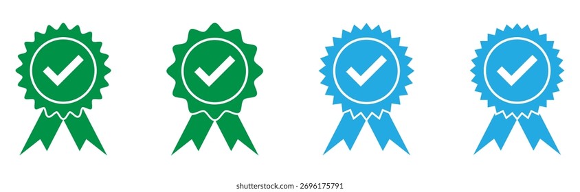 Icono de insignia de verificación a todo color. Iconos planos verificados aislados de la insignia fijados en el fondo blanco. Conjuntos de insignia de verificación premium de color verde y azul en la página blanca. 