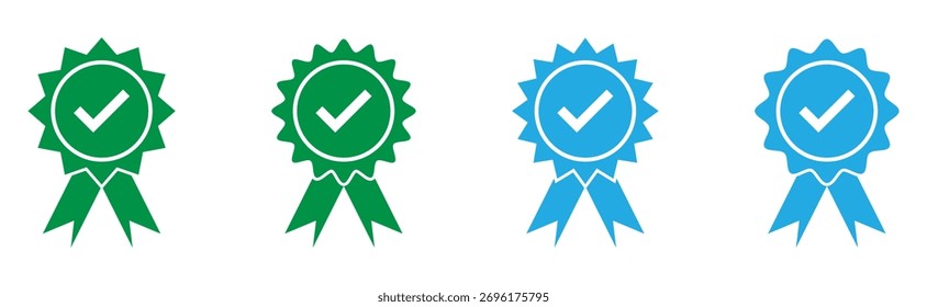 Icono de insignia de verificación a todo color. Iconos planos verificados aislados de la insignia fijados en el fondo blanco. Conjuntos de insignia de verificación premium de color verde y azul en la página blanca. 