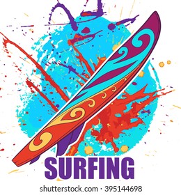 Colourfully painted surfing board isolated on grunge background with paint spots and splashes. EPS10 vector illustration.