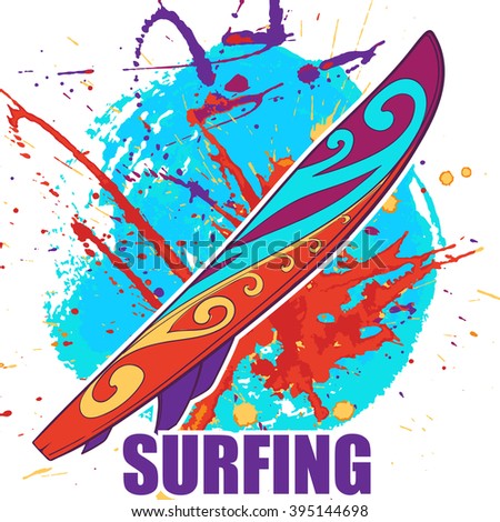 Colourfully painted surfing board isolated on grunge background with paint spots and splashes. EPS10 vector illustration.