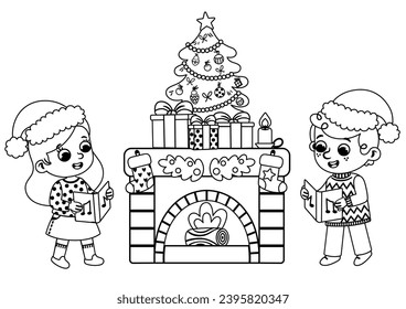 Colouring Activity Page for Children. Illustration of Two Cute Christmas Carols Near the Fireplace.