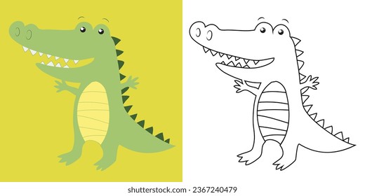 Colouring the animals. Coloring a cute cartoon alligator. Simple colouring page for kids. Fun activity for kids. Educational printable coloring worksheet. Vector illustration.