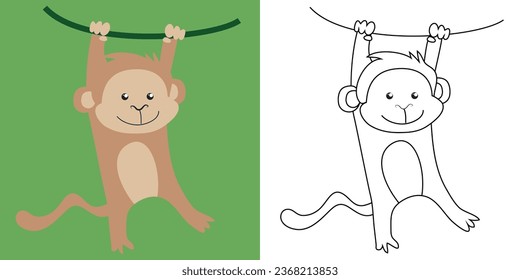 Colouring the animals. Coloring a cute cartoon monkey. Simple colouring page for kids. Fun activity for kids. Educational printable coloring worksheet. Vector illustration. 