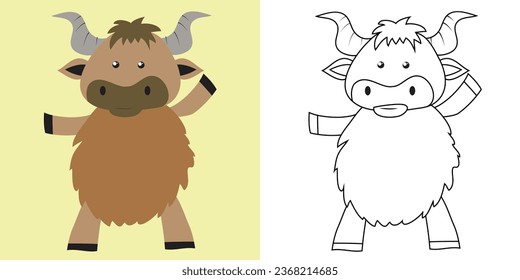 Colouring the animals. Coloring a cute cartoon yak. Simple colouring page for kids. Fun activity for kids. Educational printable coloring worksheet. Vector illustration. 