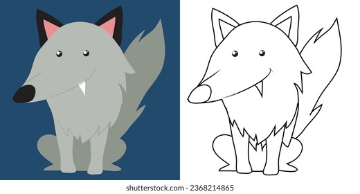 Colouring the animals. Coloring a cute cartoon wolf. Simple colouring page for kids. Fun activity for kids. Educational printable coloring worksheet. Vector illustration. 