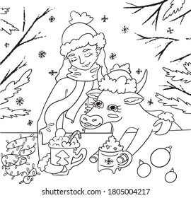 Colouring anti-stress winter page with girl and bull and coffee