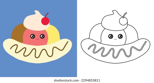 Colouring the banana split ice cream. Coloring activity for children. Coloring ice cream. Educational printable coloring worksheet. Vector file.