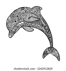 Colouring book for adults with flowers and dolphin. Vector drawing of a dolphin, lace.