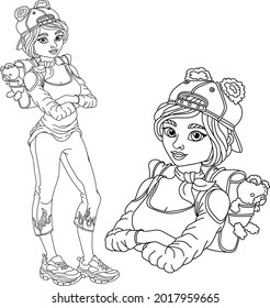Colouring book antistress vector black and white illustration with girls, with hair, cap, backpack, toy bear, sneakers.Vector illustration for art therapy, colouring, greeting cards, posters.