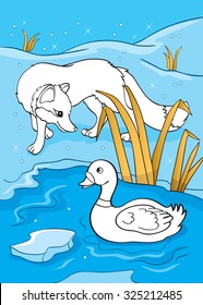 Colouring book with a coloured background for kids.Story about duck.