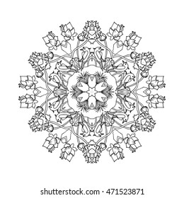 Colouring book. Flower Design Pattern with Flora and Fauna. Mandala Design Pattern.