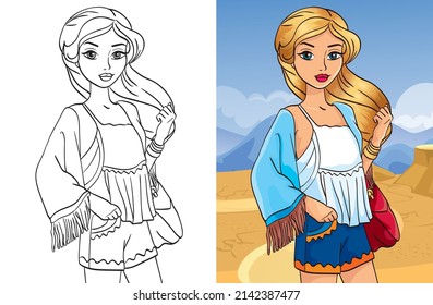 Colouring book illustration of 
girl in ethnic dress on the desert
