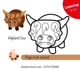 Colouring book for kids Highland cow. Cute cartoon Cow character. Educational colouring game with cartoon character. Logic Games for Kids with colours. Learning card with task for child preschool 