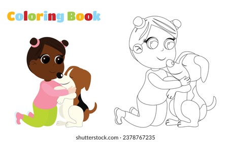 Colouring Book. Little charming girl hugs a beagle dog. The child is sitting on his lap, smiling and happy. The girl is dressed in trousers and a blouse. Friendship between man and dog.