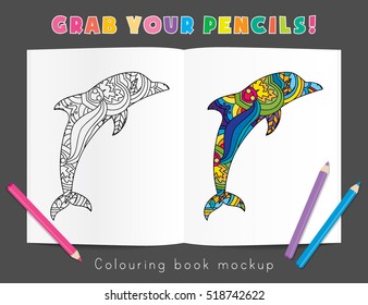 Colouring Book Mockup Psychedelic Dolphin Body Silhouette Poster Flyer Layout Template Vector Illustration
