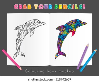 Colouring Book Mockup Psychedelic Dolphin Body Silhouette Poster Flyer Layout Template Vector Illustration
