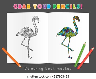 Colouring Book Mockup Psychedelic Flamingo Bird Body Silhouette Poster Flyer Layout Template Vector Illustration
