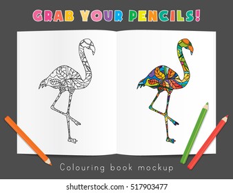 Colouring Book Mockup Psychedelic Flamingo Bird Body Silhouette Poster Flyer Layout Template Vector Illustration
