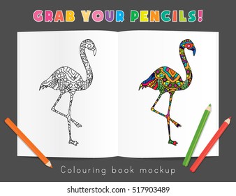 Colouring Book Mockup Psychedelic Flamingo Bird Body Silhouette Poster Flyer Layout Template Vector Illustration
