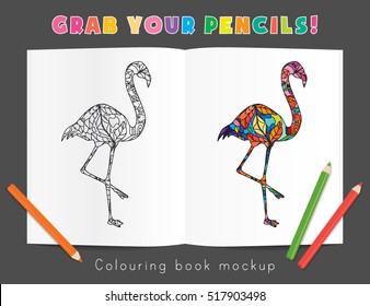 Colouring Book Mockup Psychedelic Flamingo Bird Body Silhouette Poster Flyer Layout Template Vector Illustration
