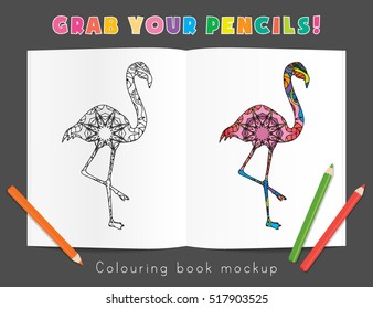 Colouring Book Mockup Psychedelic Flamingo Bird Body Silhouette Poster Flyer Layout Template Vector Illustration
