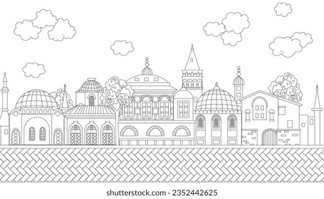 colouring book page for adult and children with cloudy cityscape. european buildings with pavement. temple with dome and stained glass windows, olden houses, towers