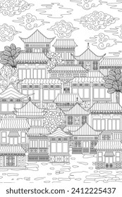 colouring book page for adults and children with cloudy ancient asian cityscape with blooming trees