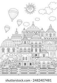 página de libro para colorear para adultos y niños. hermoso casco antiguo europeo con globos de aire caliente