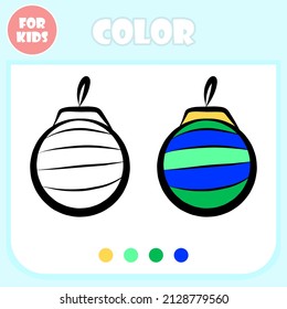 Colouring book page vector cartoon template, educational game for kids, preschool learning concept, doodle Christmas tree ball toy shape isolated, elementary colour drawing game for children.
