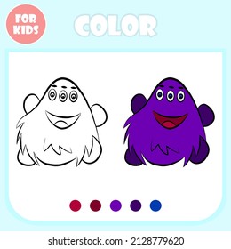 Planilla de dibujos animados vectoriales de la página del libro de colorear, juego educativo para niños, concepto de aprendizaje preescolar, forma de personaje de mascota monstruo lindo doodle aislado, juego de dibujo de color elemental para niños.
