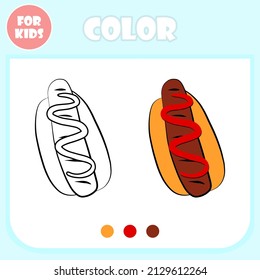 Colouring Book Page Vector Cartoon Template, Educational Game For Kids, Preschool Learning Concept, Doodle Fast Food Hot Dog Shape Isolated, Elementary Colour Drawing Game For Children.