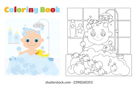 Libro de Colores. Un niño pequeño, recién nacido o primer año de vida, se baña en una bañera llena de burbujas de jabón. El niño es alegre, sonriente, hay un pato amarillo goma nadando cerca. 