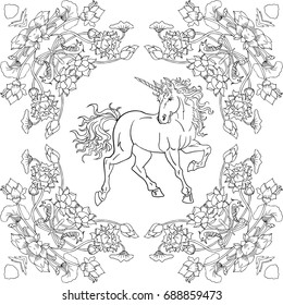 Colouring book . Unicorn with Floral Design Pattern. 