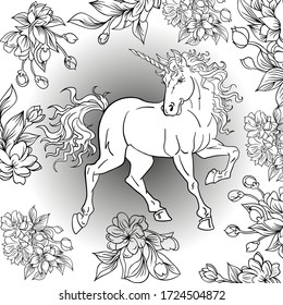 Colouring book with Unicorn and Sakura flowers isolated. Vector illustration.