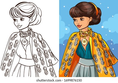 Colouring book vector girl with elegant hairstyle in chic yellow cardigan