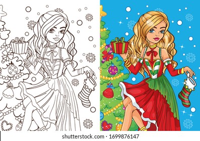 Colouring book vector illustration of beautiful girl holds christmas present and sock