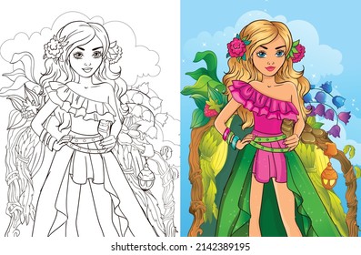 Colouring book vector illustration of beautiful girl in fantasy forest fairy outfit