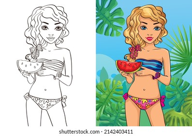 Colouring book vector illustration of beautiful girl in cool bikini holding watermelon