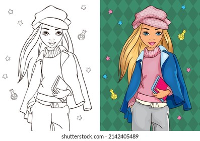 Colouring book vector illustration of beautiful girl student in cap goes with book