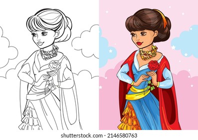 Colouring book vector illustration of beautiful girl in red cape holding rose