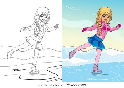 Colouring book vector illustration of beautiful girl dressed pink jacket skating in winter