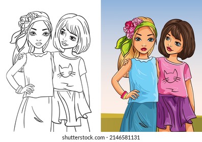 Colouring book vector illustration of beautiful two girls in summer outfits are walking