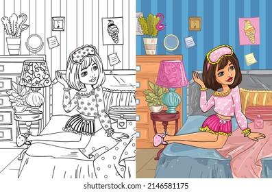 Colouring book vector illustration of beautiful girl in pink pajamas in the bedroom