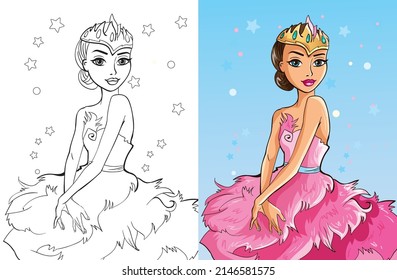 Colouring book vector illustration of beautiful ballerina in pink puffy dress with diadem