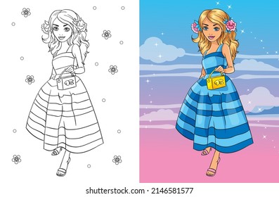 Colouring book vector illustration of beautiful girl in fluffy elegant blue dress