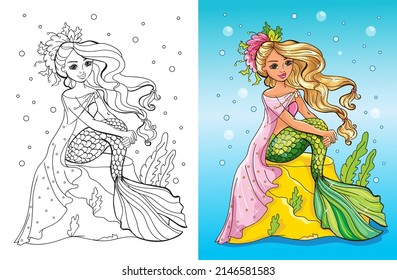 Libro de Colores ilustración vectorial de la hermosa sirena en capa rosa se sienta en piedra