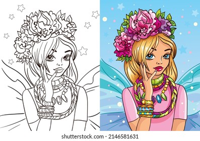 Colouring book vector illustration of beautiful girl with jewelry and flower headband