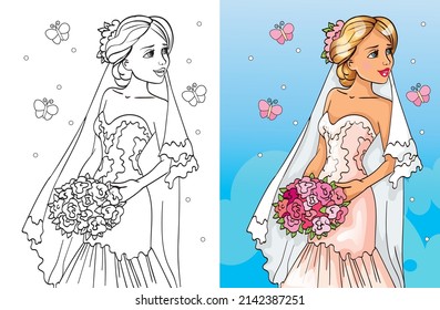 Libro de colorido ilustración vectorial de la novia en vestido de novia con un ramo de flores